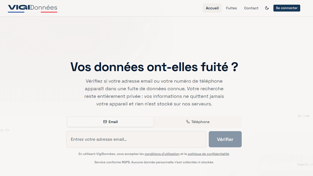 VigiDonnées - Vérification de fuites de données personnelles
